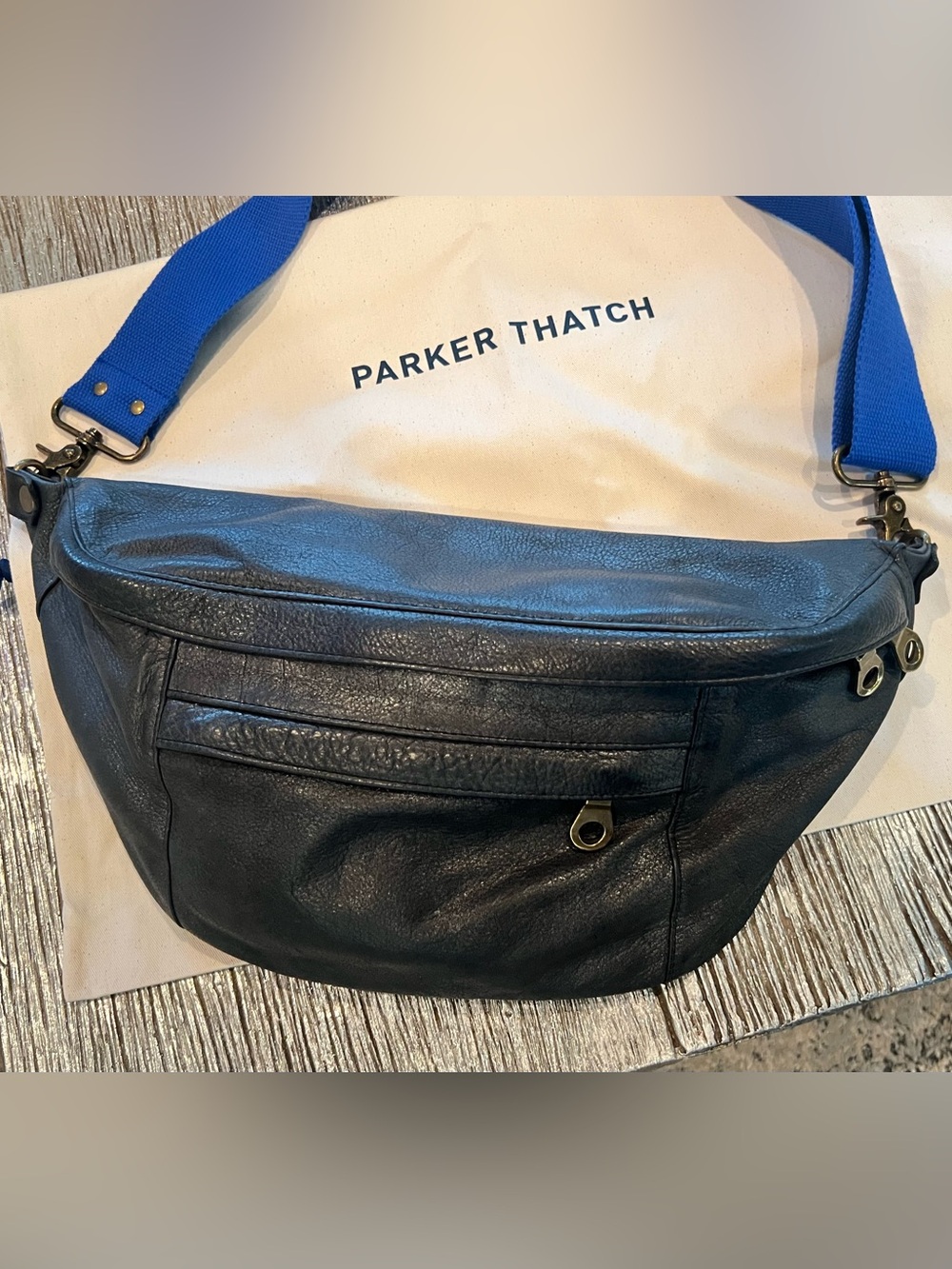 Parker Thatch ~ Distressed Silver/Black Leather Sling bag with Blue Strap too!!💙